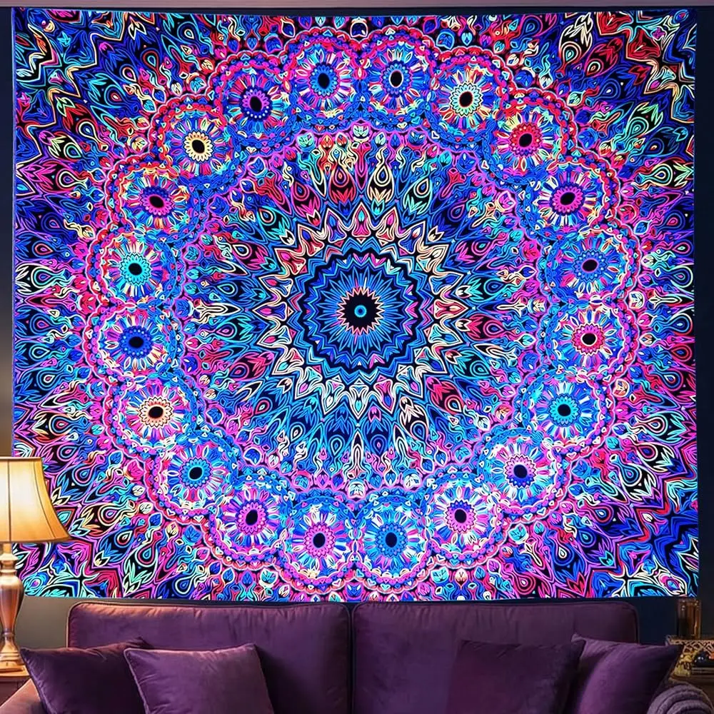 

Гобелен с мандалой, светящийся в УФ-свете, для спальни, реактивный к УФ-излучению, причудливый настенный гобелен, декор в богемном стиле для взрослых и подростков