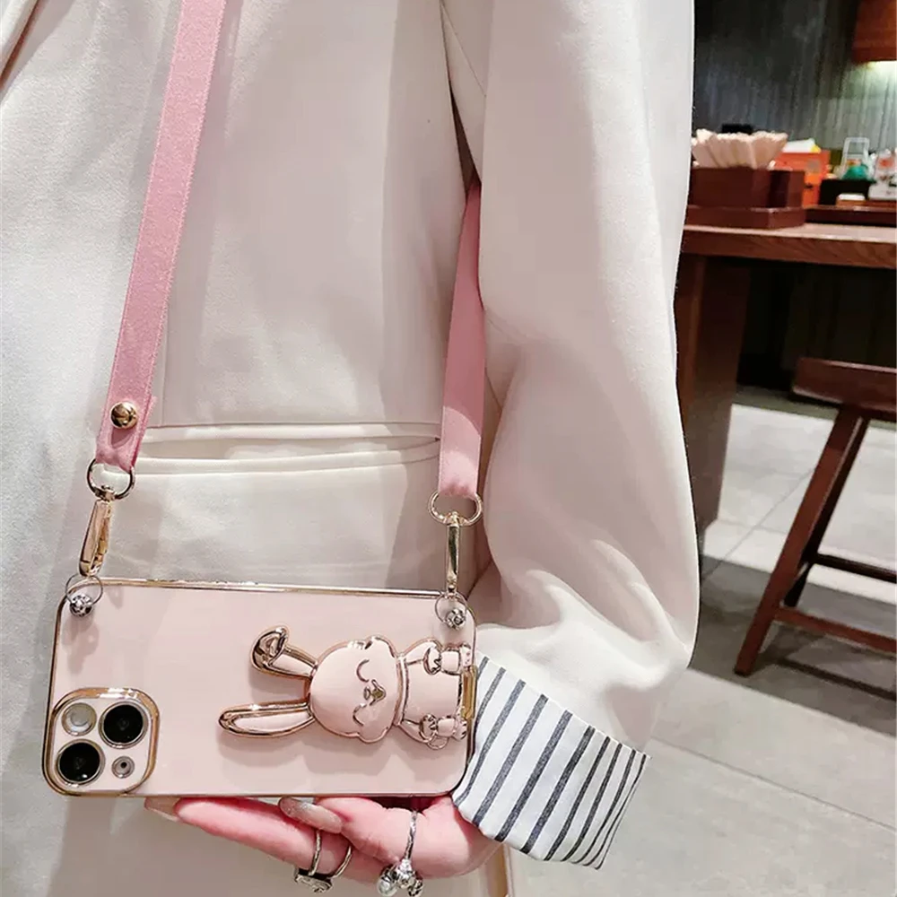 Rabbit Holder Plating Phone Bracket Case For Samsung Galaxy A51 A71 A31 A21S A31 A11 A10 A20 A30 Crossbody Lanyard Strap Cover
