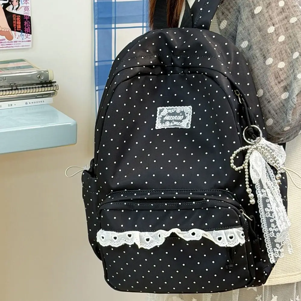Y2k Sweet Polka Dot Backpack Minimalist Bow Design Lace Trim Rucksack Lightweight Large Capacity Student School Bag Gift