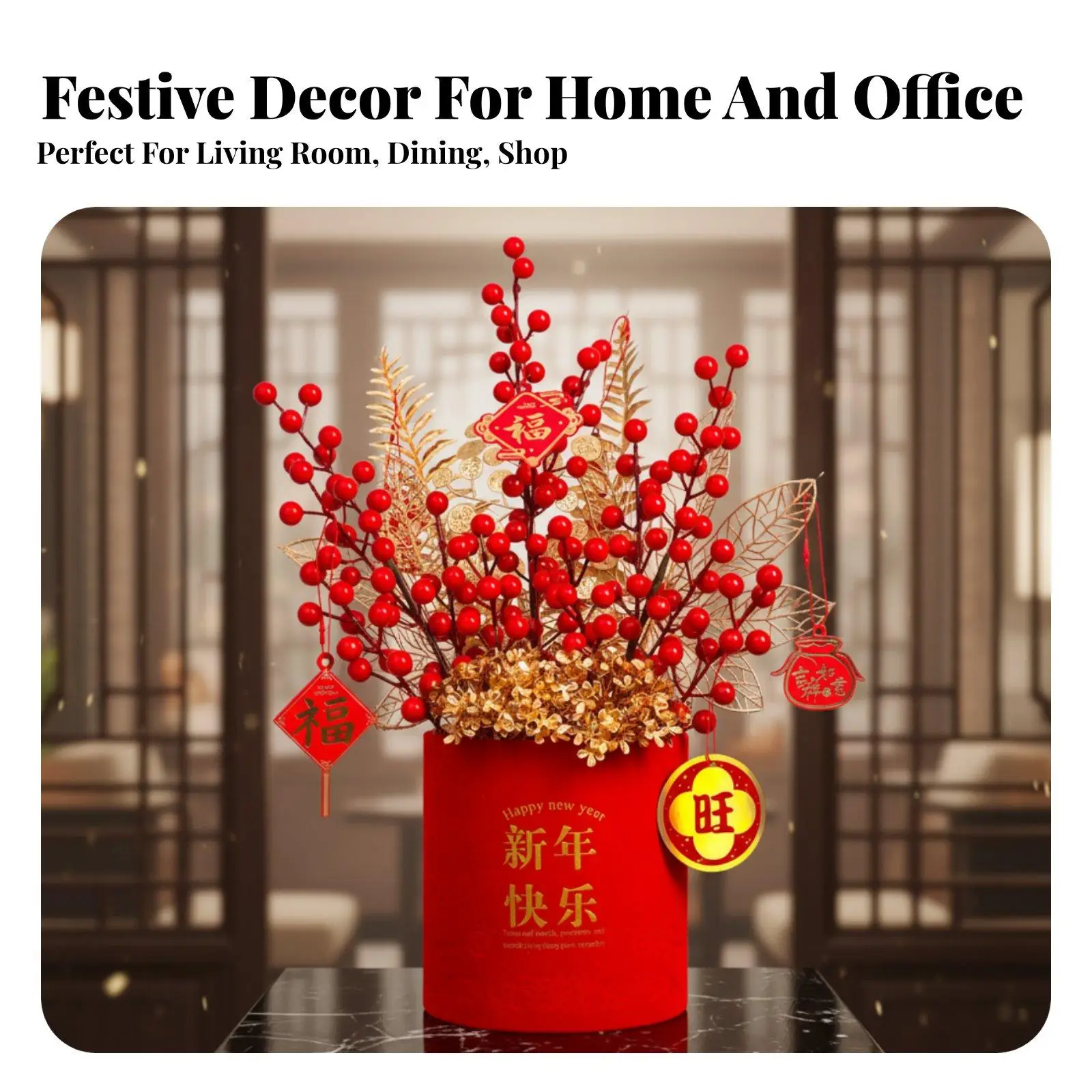Red Berry Artificial Flower, Festive Faux Fruit Arrangement, Living Room