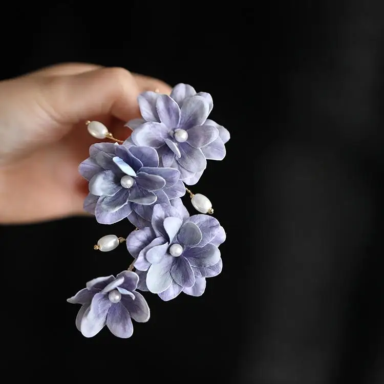 Chinese Traditional Hanfu Taro Purple Floral Hair Clips Faux Pearl Decor Handmade Tang Style Hairpins Hair Combs Claws Women Hai