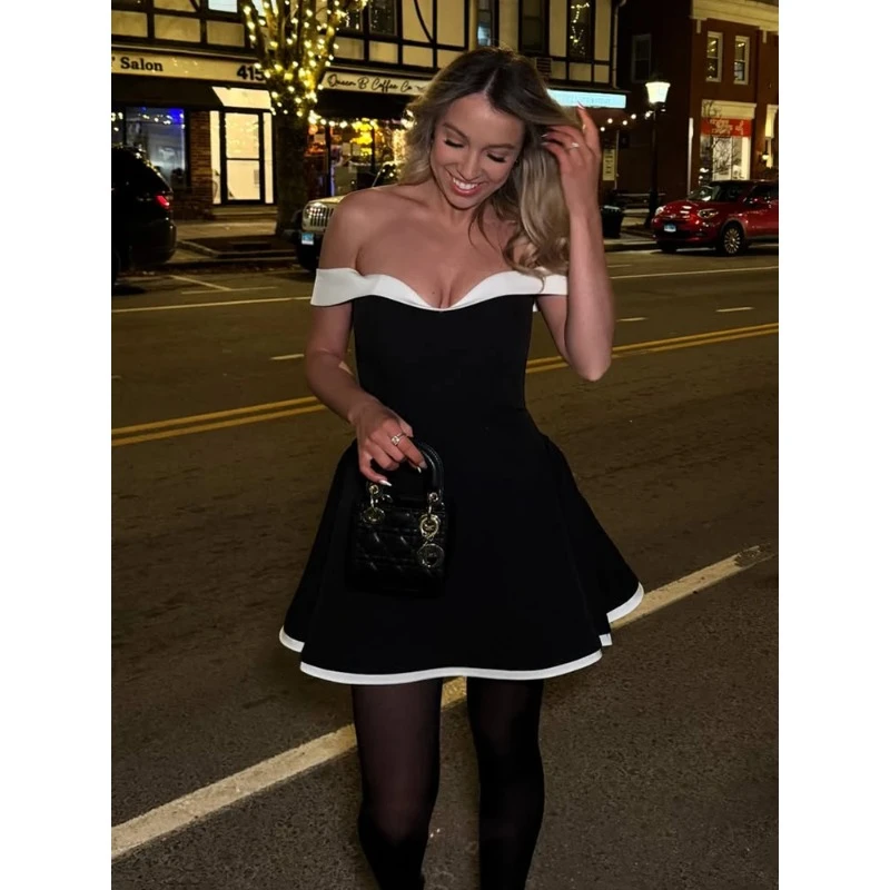 

Summer woman Sexy Tube Top Gown Dress For Slim Contrast Color Mini Dresses Elegant Backless One-Shoulder Clothes Female Chic