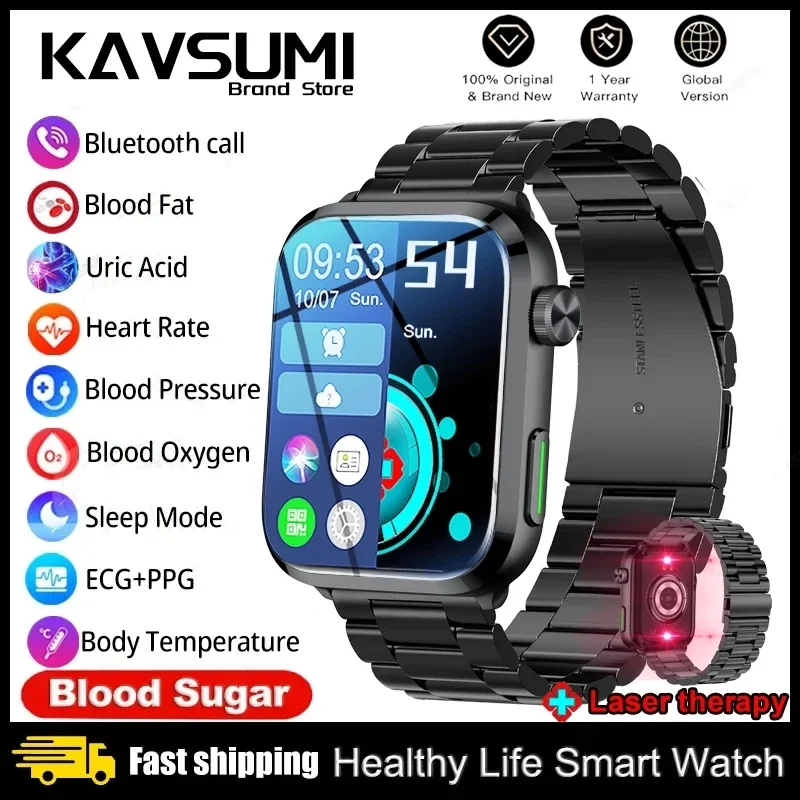 2024 Laser Therapy Health Smartwatch Non-invasive Blood Glucose Bluetooth Call Clock Men Full Touch Screen Sport Smart Watches