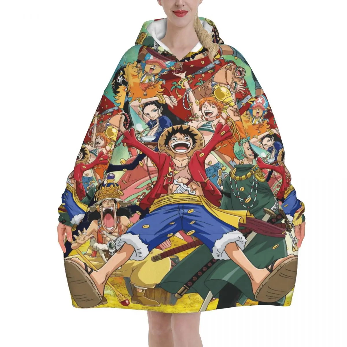 لوفي زورو توني تشوبر أنيمي بطانية كبيرة الحجم هوديي البلوز طويل الصوف مقنعين بطانية يمكن ارتداؤها مع جيب كبير #1