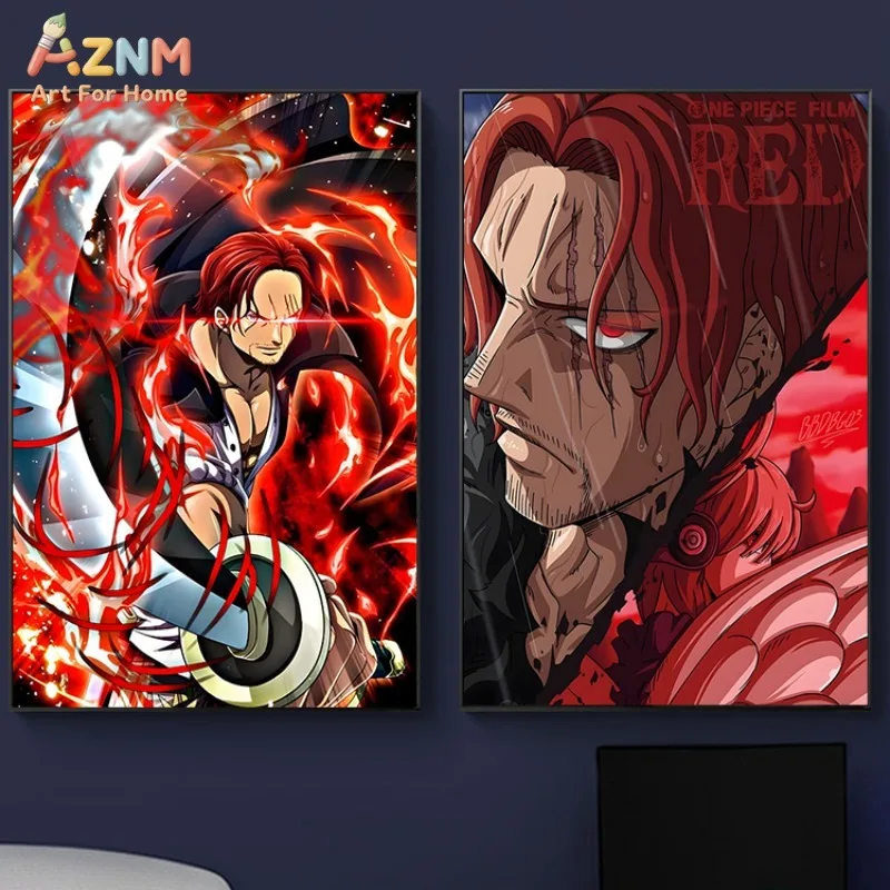AZNM One Piece Shanks Film Red Canvas Wall Art Red Hair Anime Character Print Unframed Canvas Painting For Living Room Home Wall