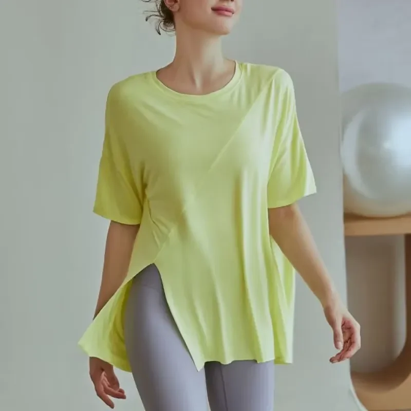 Women Quick Dry Running T Shirt Loose Split Short Sleeve Yoga Tops Fitness Gym Workout Athletic Sportswear Summer Casual