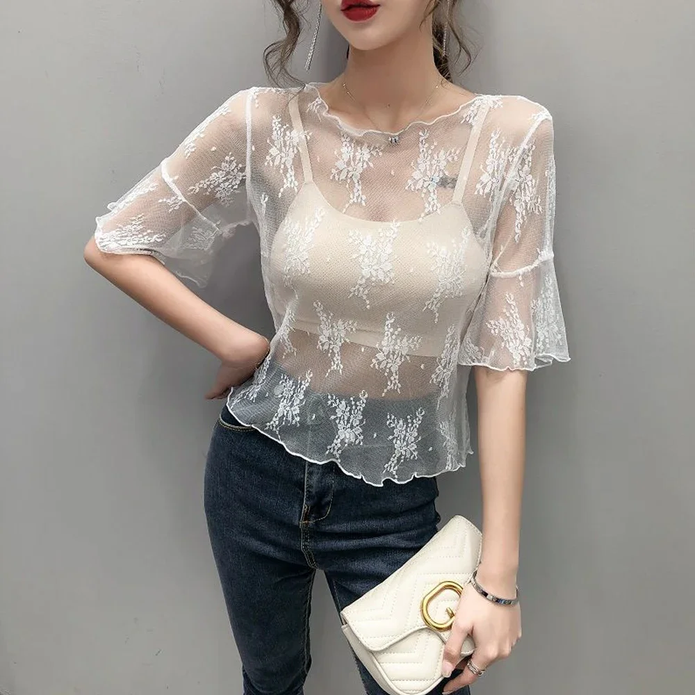 

Women Elastic Flower Lace T Shirt Black White Grey Coffee Transparent Flare Short Sleeve O Neck Shirt Female Blouses S-XL Top