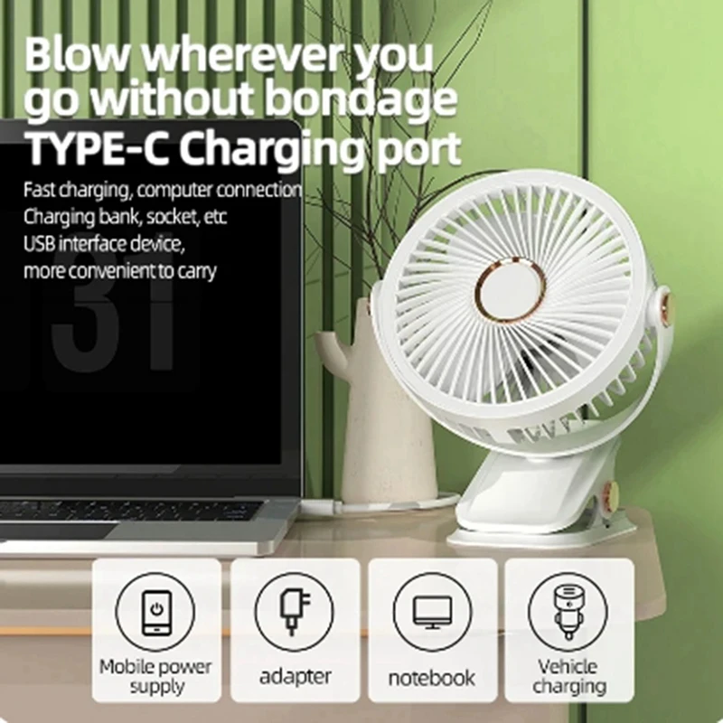 USB Rechargeable Fan Dormitory Clip-On Type Portable Mini Desk Fan 360 Degree Rotation Adjustable Fan With LED Light