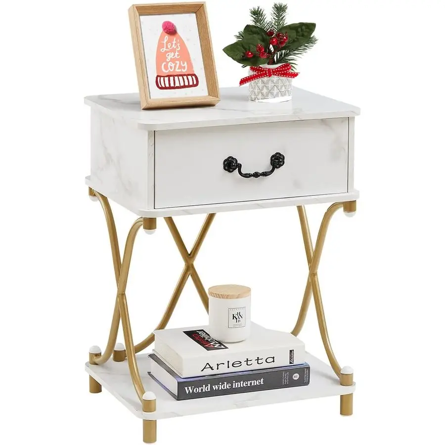 

White and Gold Nightstands with Drawer for Bedroom, Endtable Bedside Table with Storage amp Open Shelf for Living Room, Modern S