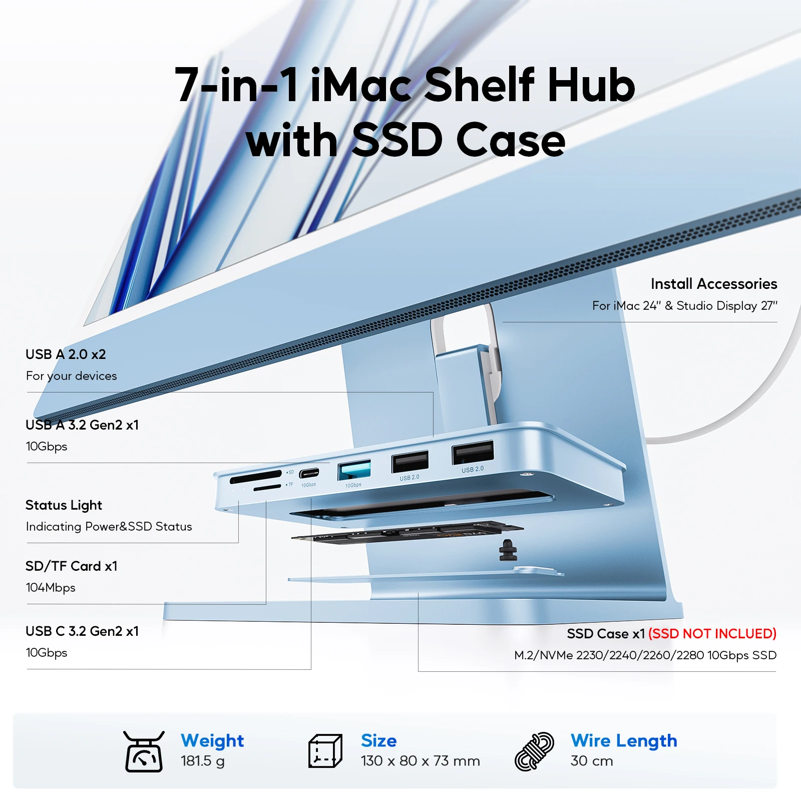 PULWTOP iMac USB C Hub with M.2 NVMe SSD Enclosure, USB A/C 10Gbps, SD/TF, for iMac 24 inch M1/M3/M4 or Studio Display 27 inch