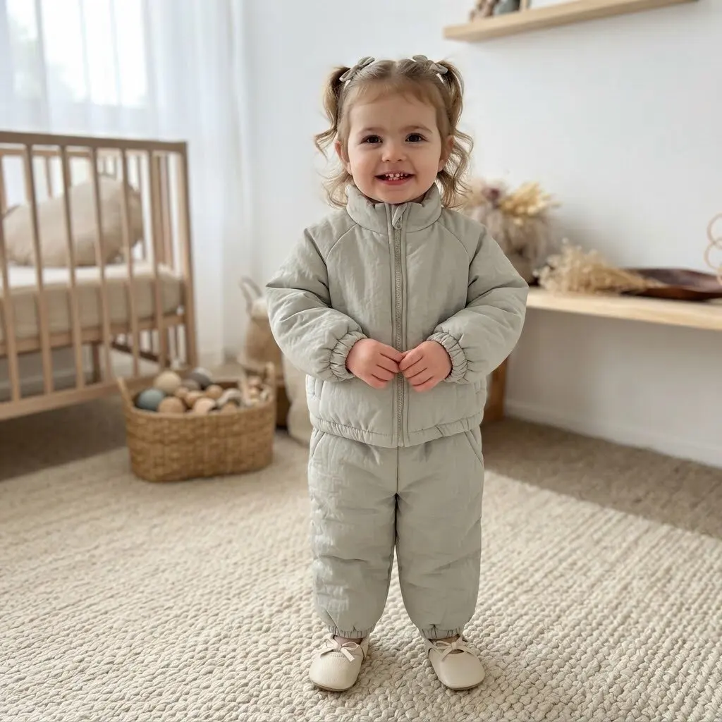 Unisex Baby 2Pcs Winter Cotton Outfit Solid Stand Collar Zip Jacket Elastic Cuff Pants Toddler Warm Casual Clothes Set