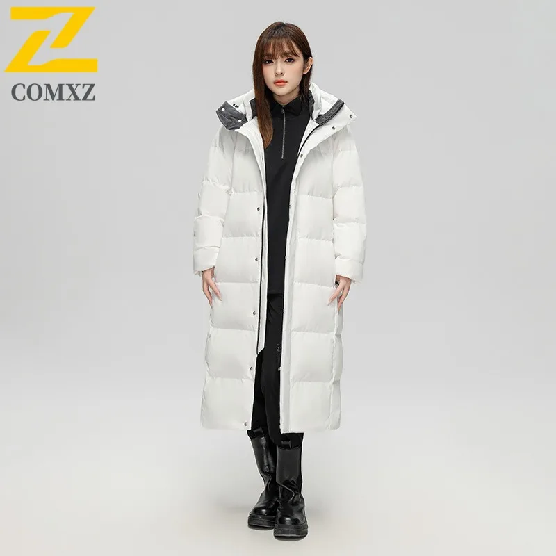 COMXZ 2025 Winter Ski Long Down Jacket Men Trendy Leisure Solid Color White Duck Down Coat Brand Outdoor Warm Lightweight Puffer
