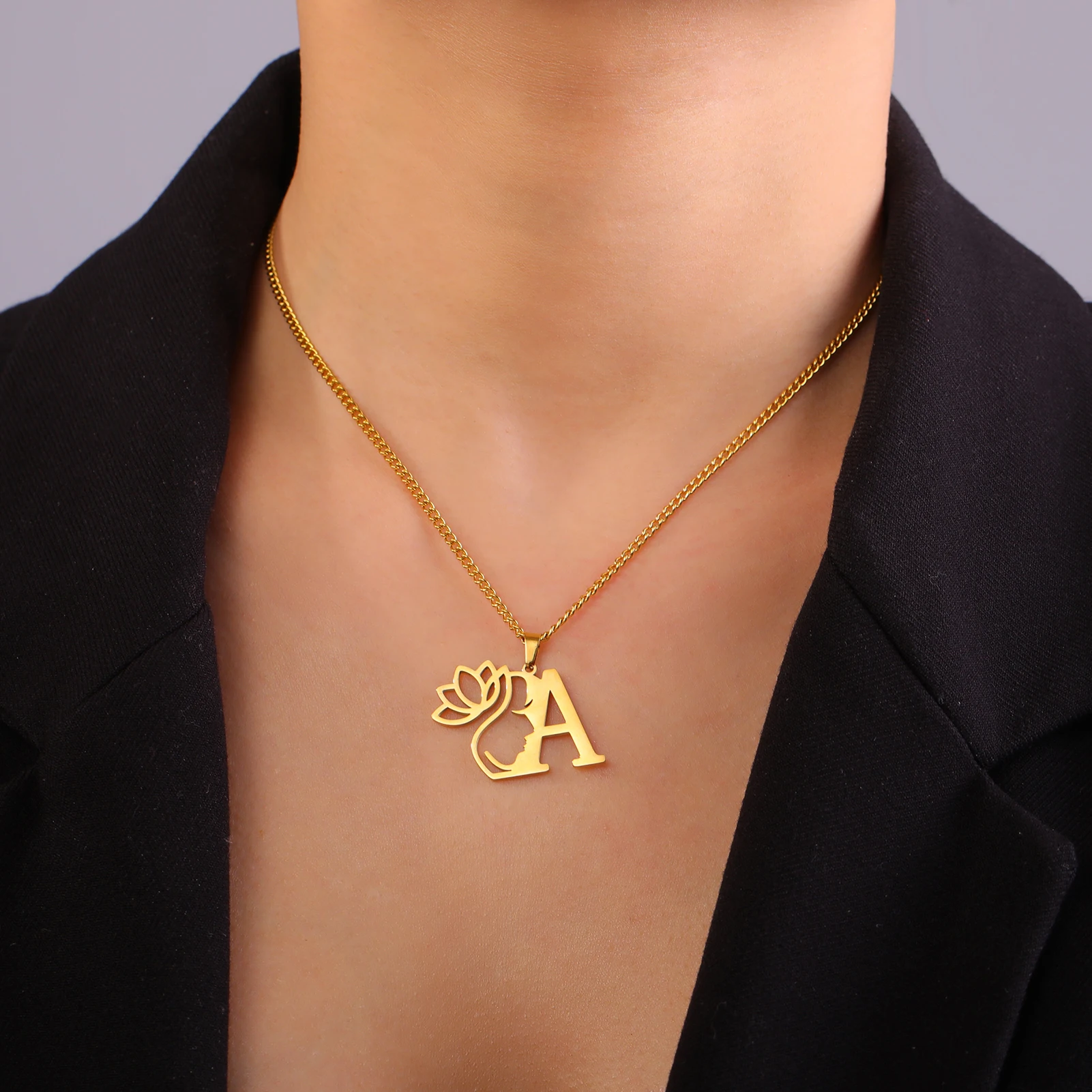 HIPEE Fashion 26 Letters Pendant Necklace 18K Gold Plated A-Z Lotus Alphabet Necklaces For Women Trend Jewelry Party Gifts