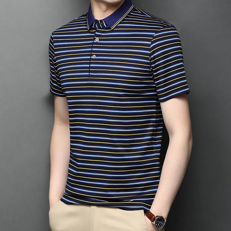 2022 Mulberry Silk Summer Men's Polo Shirts Luxury Short Sleeve Mercerizing Striped Casual Male Tops Business Simple Man Tees