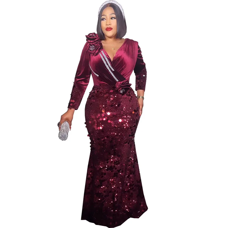Robe de soirée longue africaine en velours pour femmes, col en V, tambour sexy, paillettes, robe de soirée, mode éducative, luxe, automne, hiver