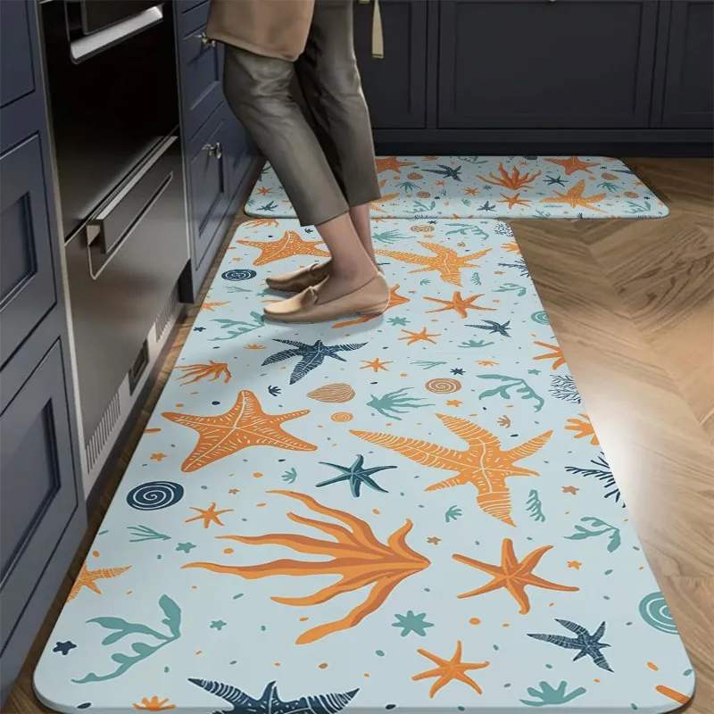 Ocean Sea Creature Kitchen Rugs, Octopus Turtle Non‑Slip Floor Mat, Underwater Marine Animal Anti‑Fatigue Kitchen Decor Mats