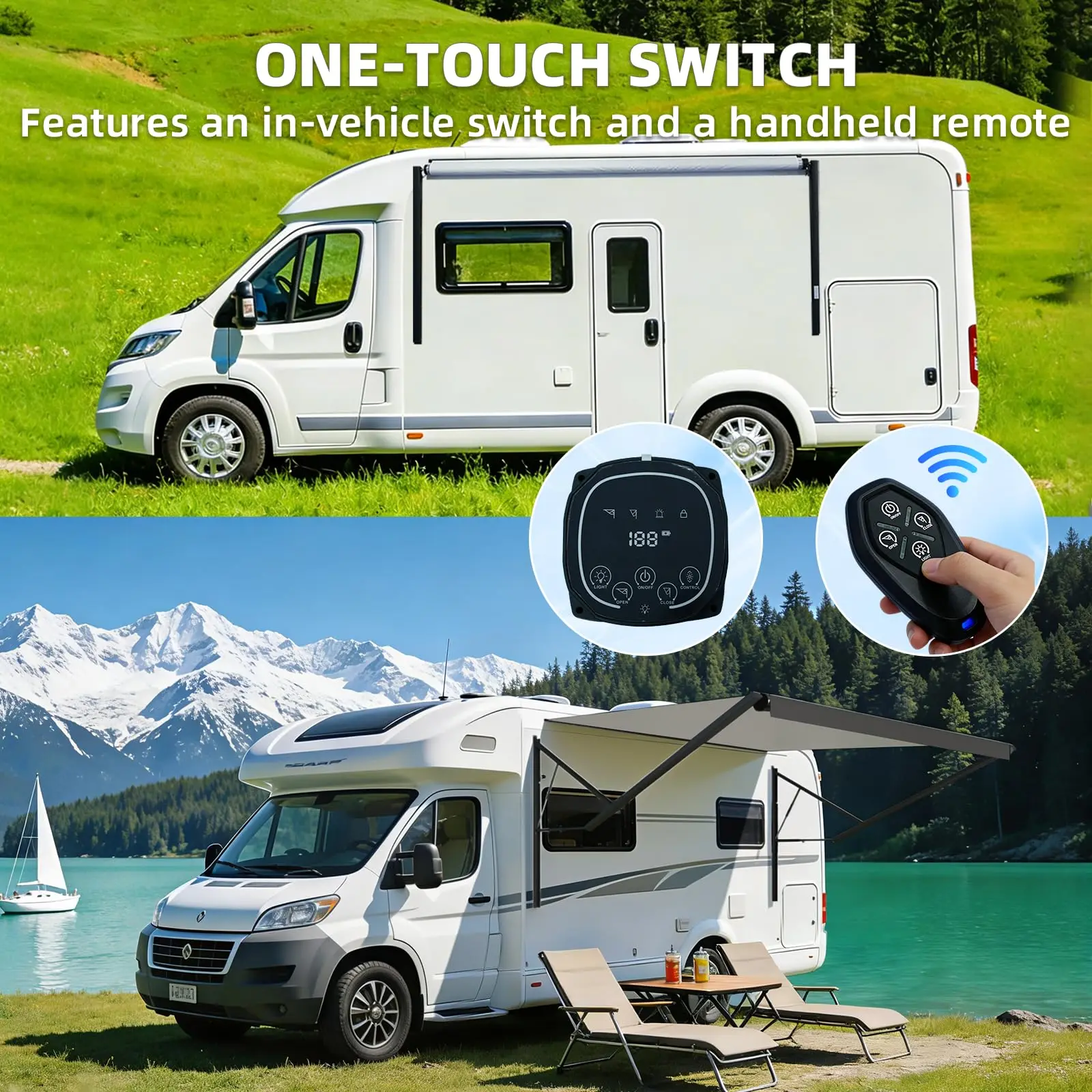 10FT Electric RV Awning, Motorized Retractable Awning Kit with Manual Crank, Adjustable Arms, Waterproof Vinyl Canopy