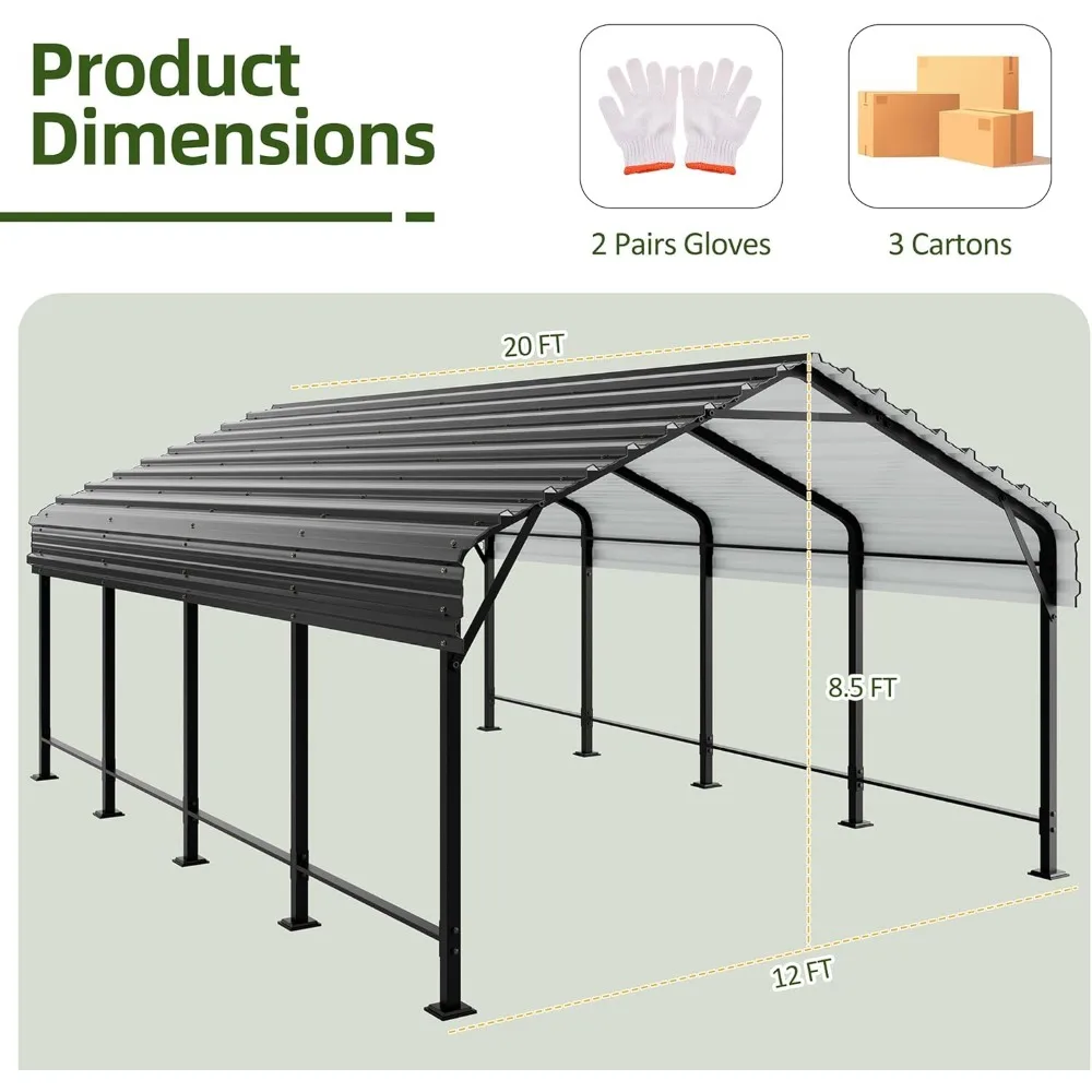 12X20 FT Carport, Galvanized Steel Roof, Metal Carports Upgraded Extra Large Garage for Pickup, Boat, Heavy Duty Carport Canopy