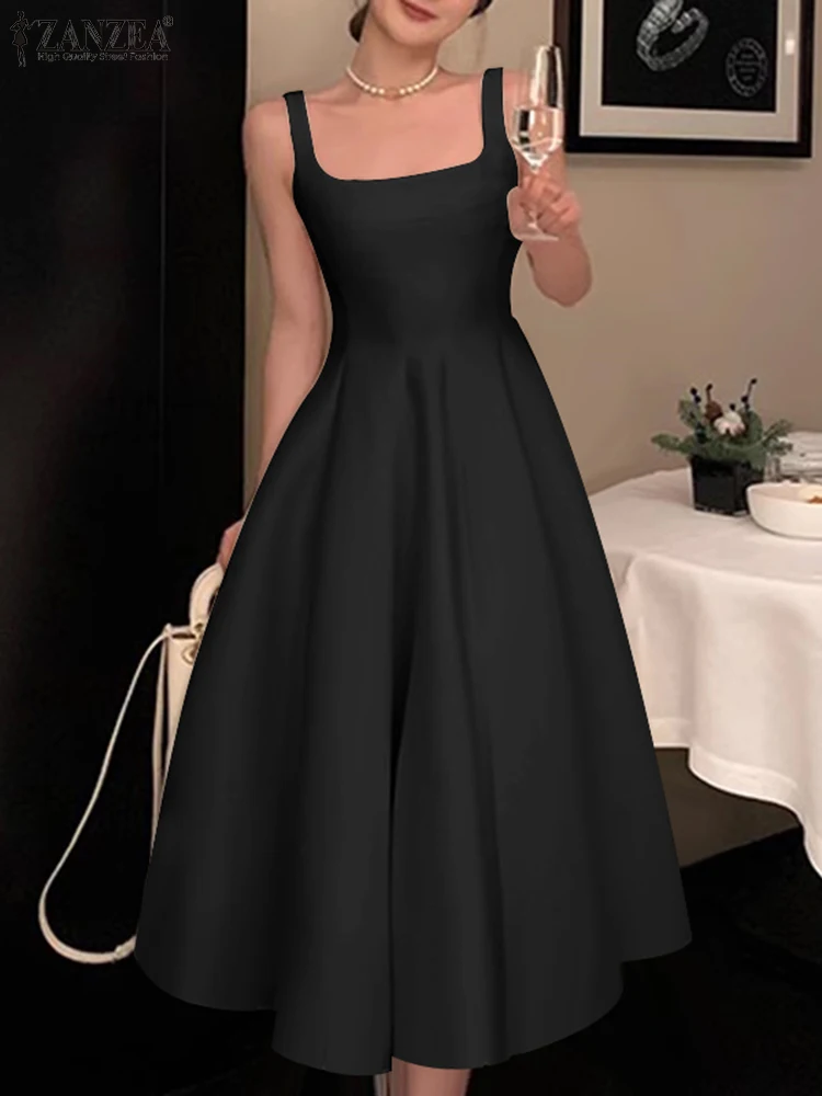 ZANZEA Damska sukienka bez rękawów Vintage Solid A-line Dresses 2024 Summer Holiday Waisted Robe Casual Square Collar Midi Robe