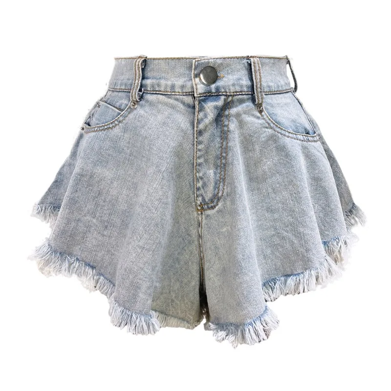 Feminino 2025 novo estilo europeu americano angustiado de cintura alta baggy franja denim shorts na moda streetwear bottoms
