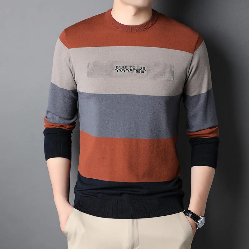 

YEAE Autumn and Winter Fashion Striped Men's Sweater Round Neck Pullover Knitted Designer Clothes Male Sweatshirt New in Tops
