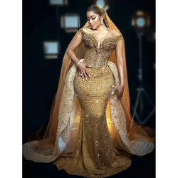 Gold Plus Size Wedding Dresses Beaded Sequined Bridal Gowns Custom Made Tassel Sweetheart Detachable Train Vestido de novia