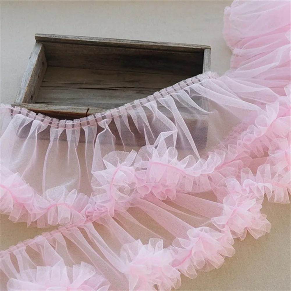 15X90cm Size Wrinkled Pleated Tulle Lace Multicolor Fluffy Texture Ruffle Trim Soft Material Lace Fabric Trims Girls Skirts