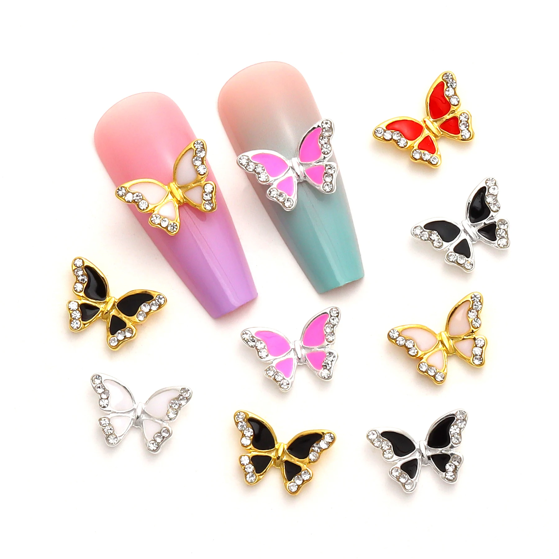 10 pcs/pack 3D Metal Butterfly Shape Nail Art Jewelry Shiny Rhinestone Crystal Diamond Charm decorative nail accessories supply