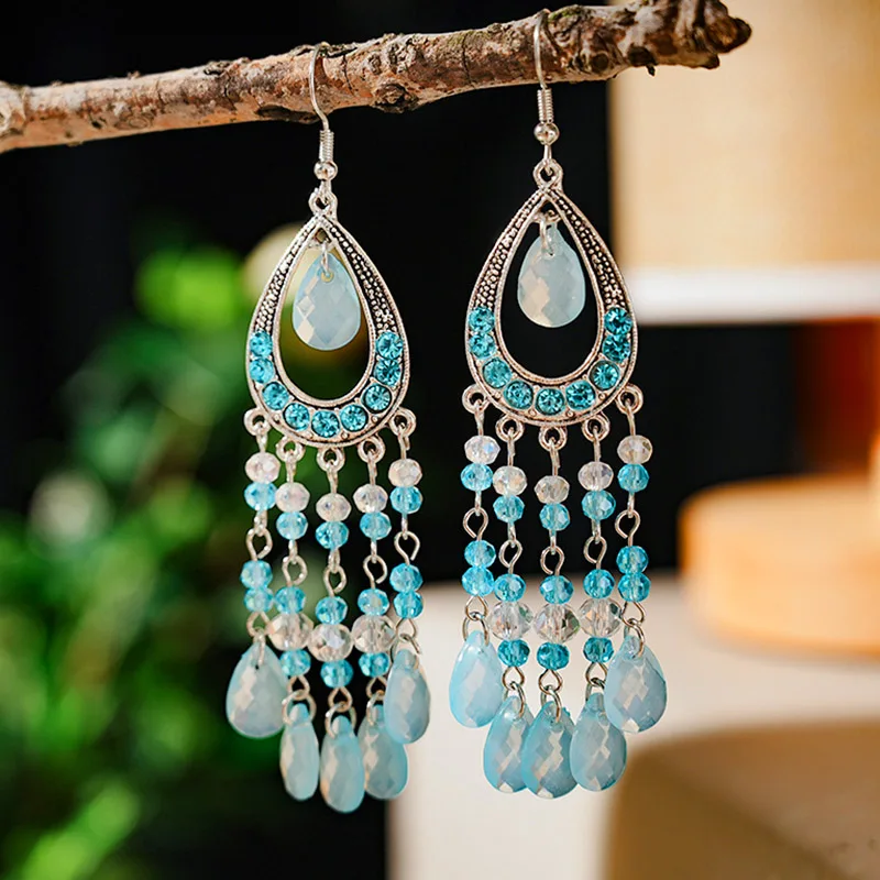 Vintage Bohemian Crystal Water Drop Earrings for Women Elegant Long Silver Color Vacation Style Earring Party Daily Jewelry