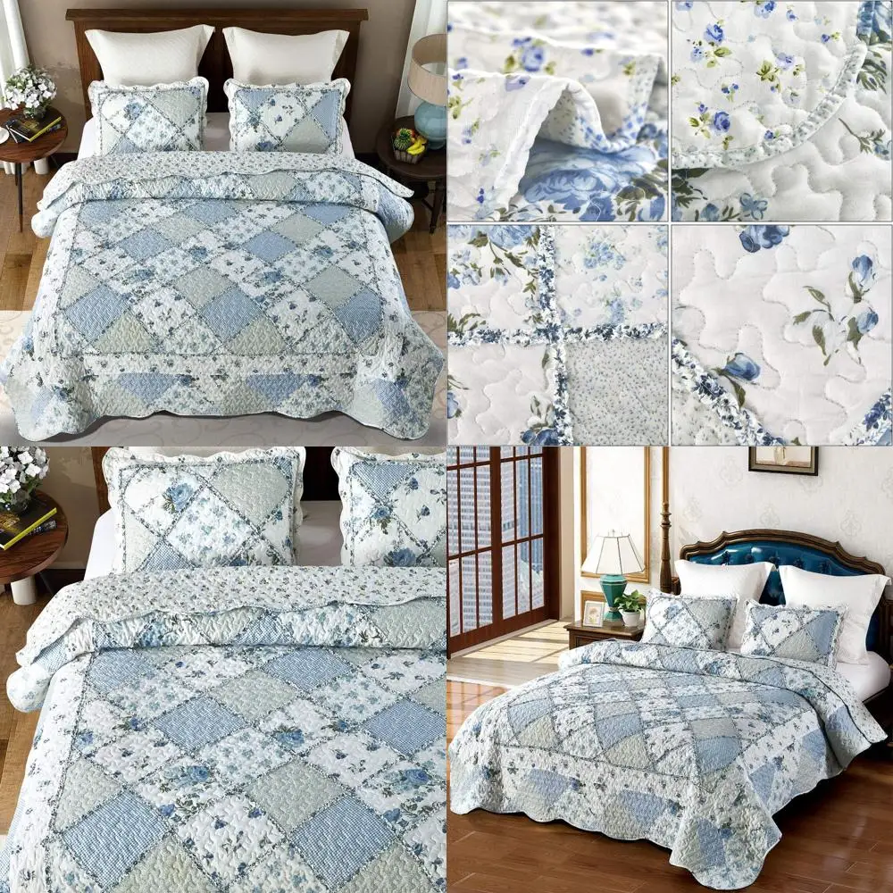 

Комплект постельного белья King Size с синим цветочным пэчворком, двусторонний, стеганый, с 2 наволочками