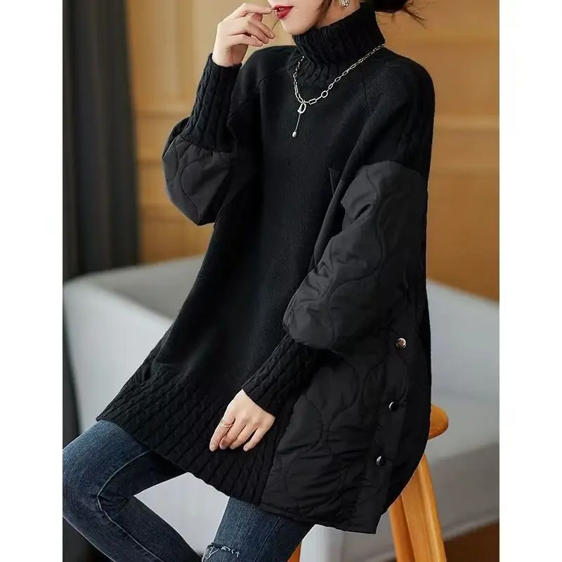 Women Autumn Winter Korean New Trendy Temperament Turtleneck Pullover Sweater Solid Button Spliced Versatile Midi Length Tops