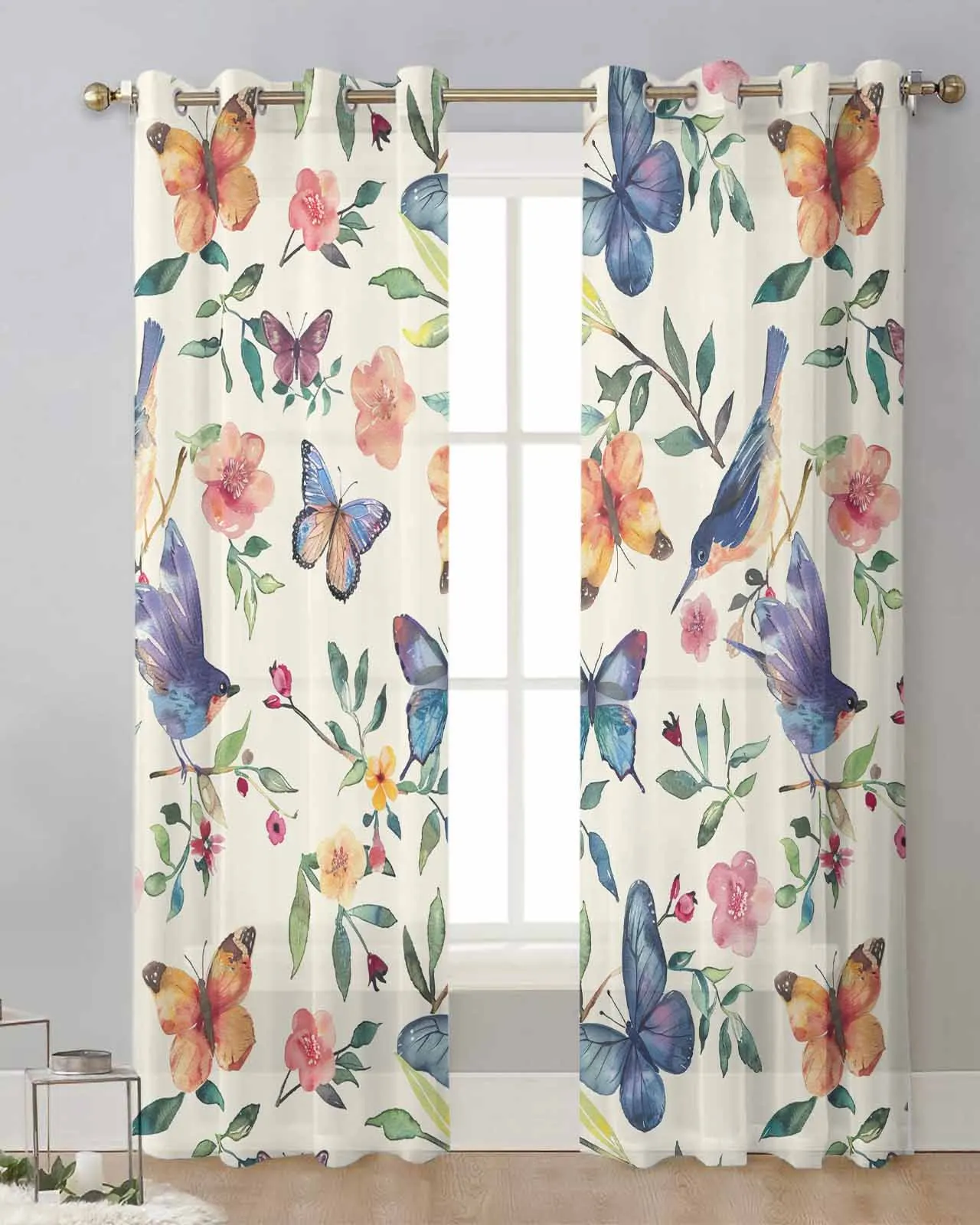 

Flowers Birds Watercolors Leaves Bedroom Voile Curtain Window Treatment Drapes Tulle Curtains for Living Room Sheer Curtains