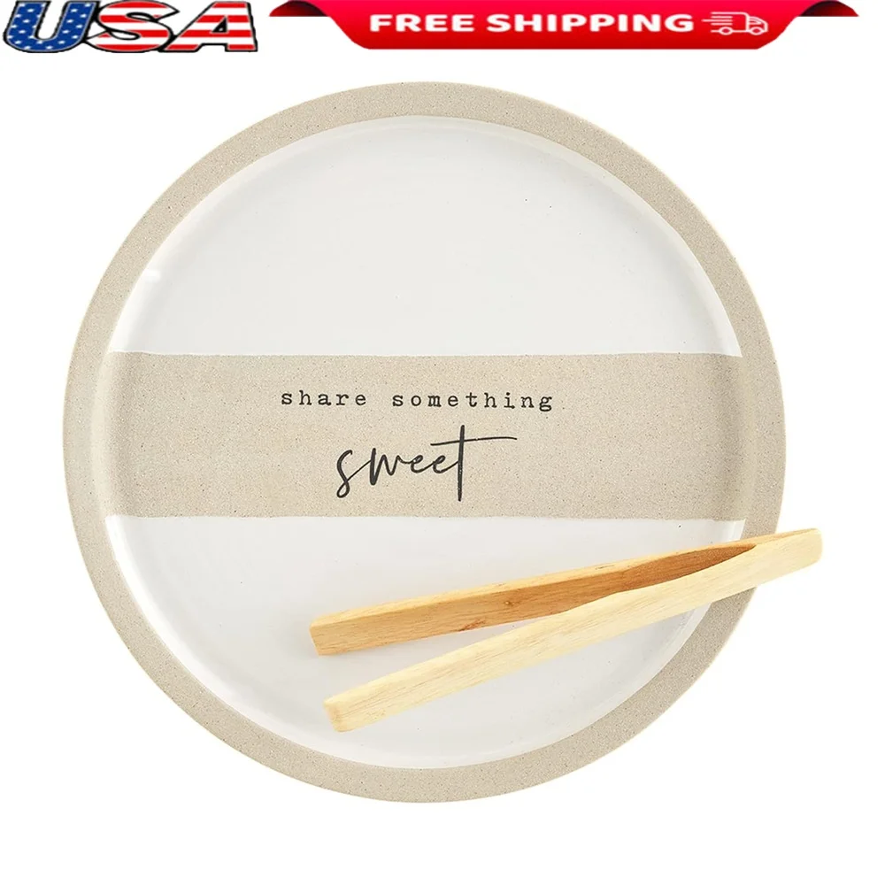 

Stoneware Dessert Plate Set 11 Inch Round Natural Dish with Wooden Tongs 7 Inch Dishwasher Microwave Safe Kitchen Dining