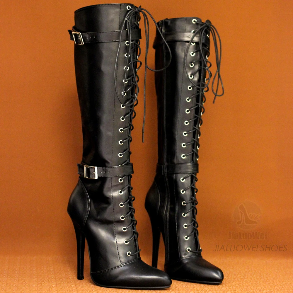 14CM High Heel Pointed Toe Lace Up Knee High Boot  Vegan Vintagefashion Bondage Corsets Shoes