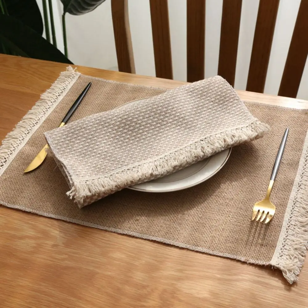 1 Pcs Creative Square Dinner Table Mats Pads With Lace Natural Jute Placemats Table Mat Kitchen Dining Jute Table Decor Khaki