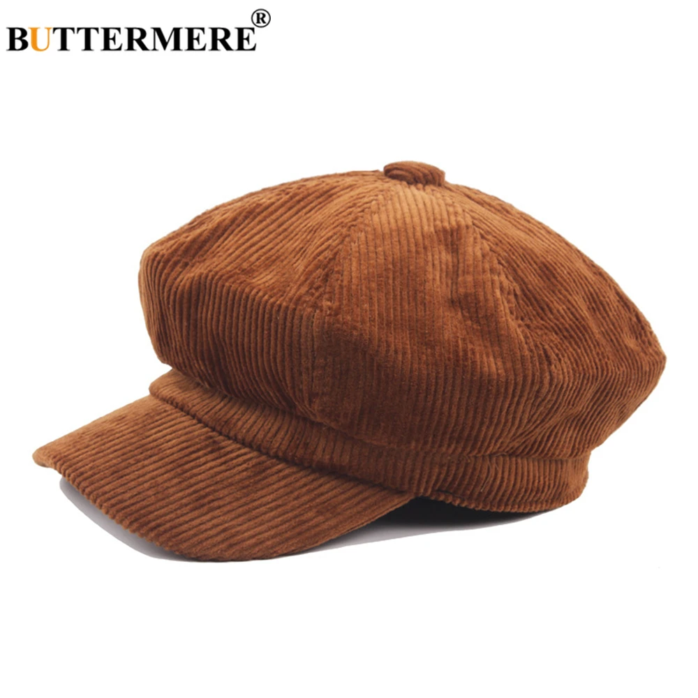 BUTTERMERE Corduroy Newsboy Cap for Female Coffee Vintage Hat for Women Autumn Winter Brand Ladies Painter Octagonal Cap