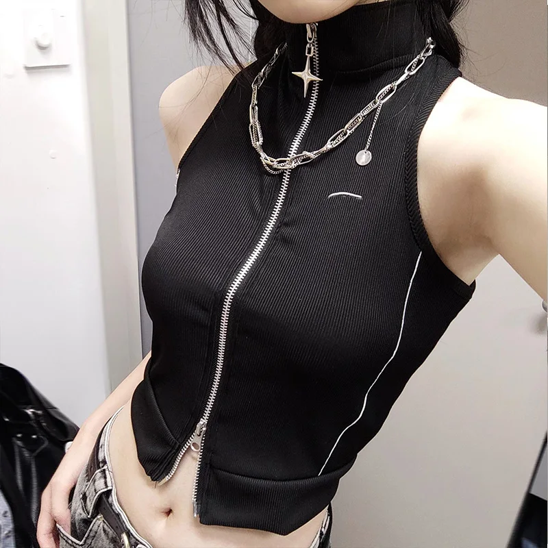 New Spring Autumn Harajuku Rock Punk Gothic Long Sleeve White Hot Girl Fashion Double Zippered Camisole Vest Coat Suit