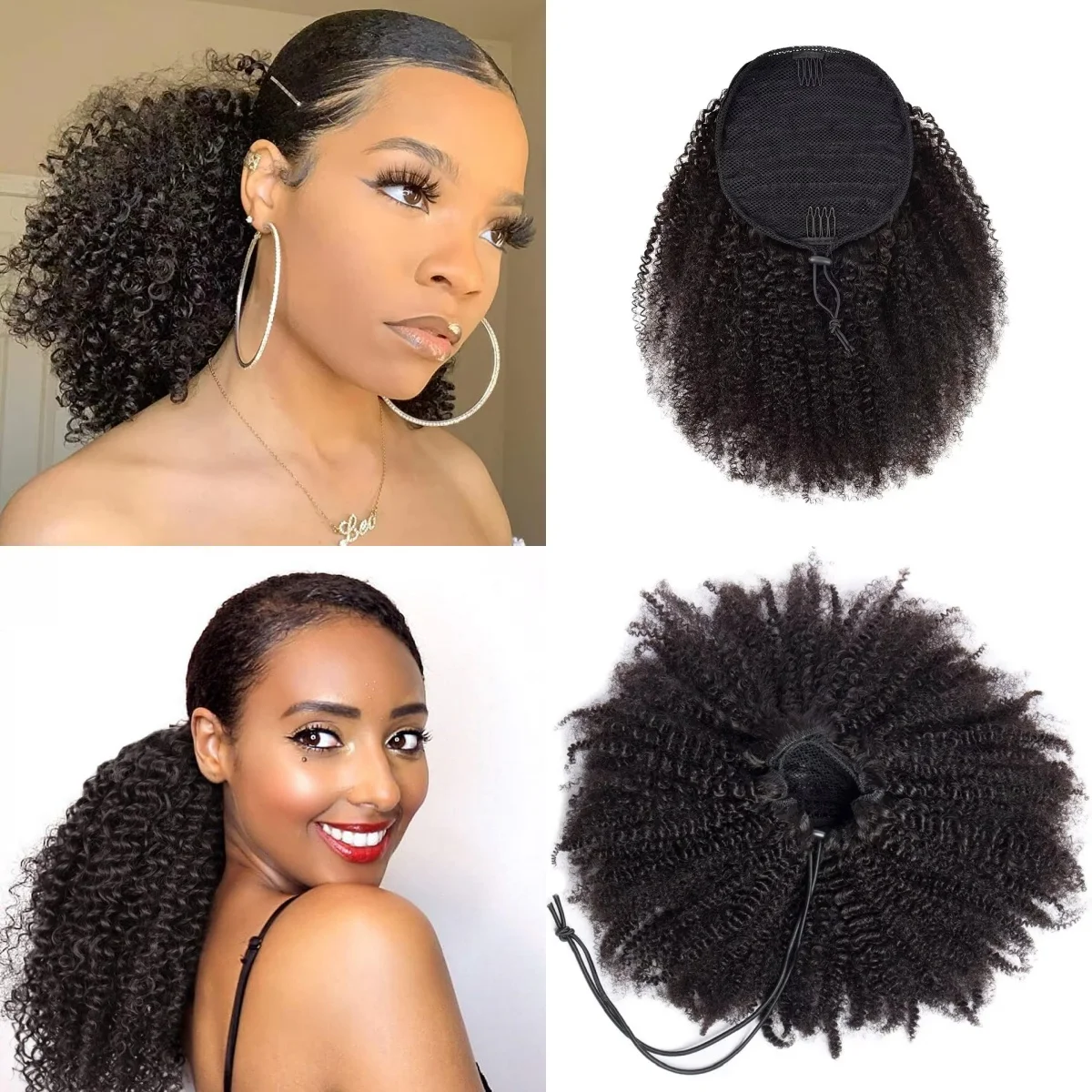 

Накладные волосы для хвоста из 100% натуральных человеческих волос Remy, афро-кудрявые, на завязках, для женщин