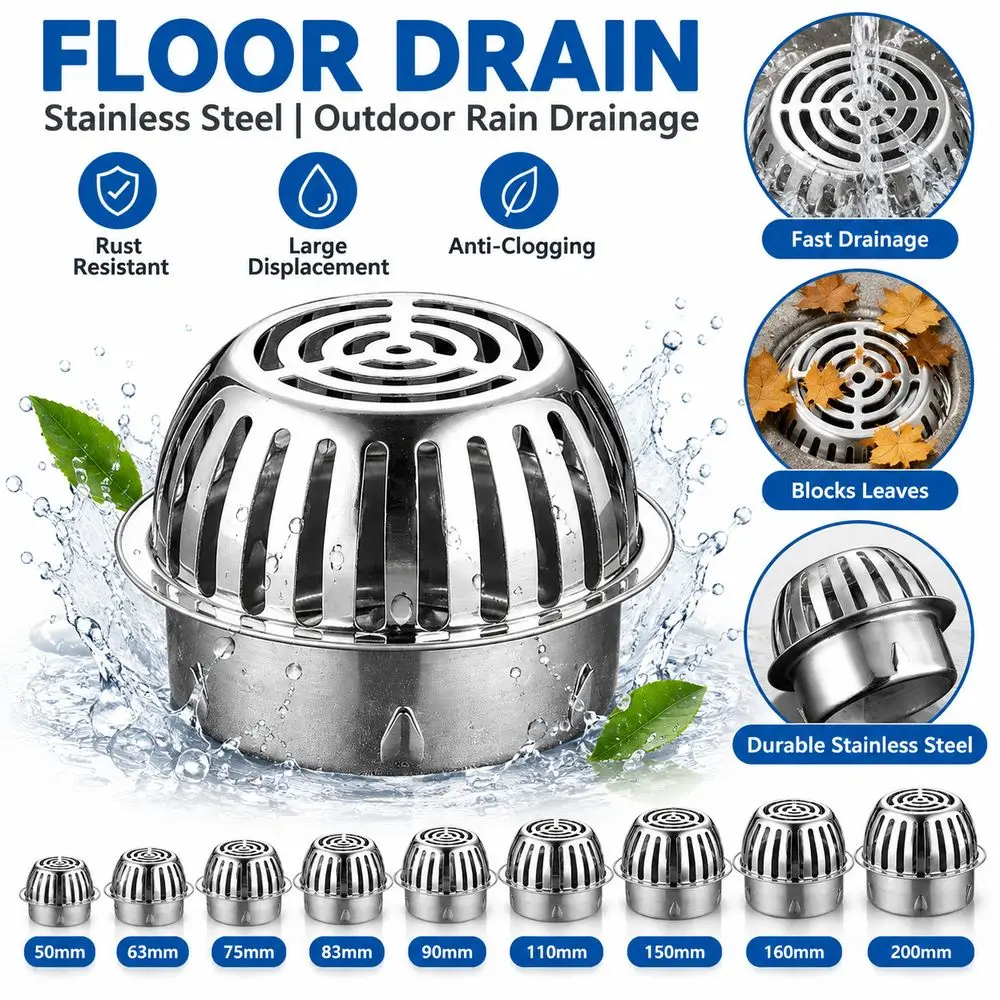 New Stainless Steel Floor Drain Strainer Anti-Clog Convex Drain Cover Large Displacement Round Shape Filter Screen Cover Garden