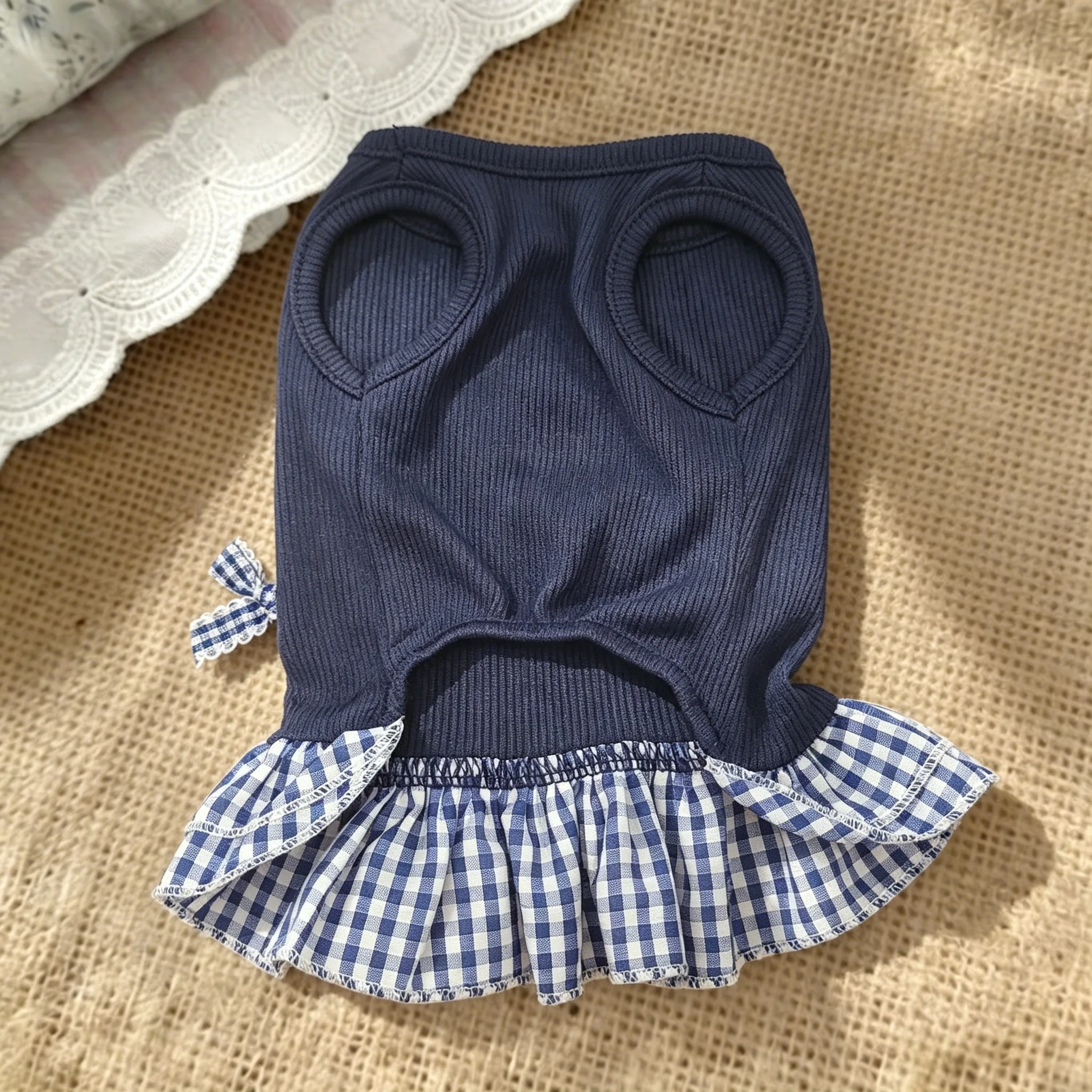Navy Ribbed Sleeveless Pet Dress Sweet Blue Plaid Bow Ruffle Hem Princess Vest Skirt for Cats Yorkie Maltese Chihuahua Small Dog