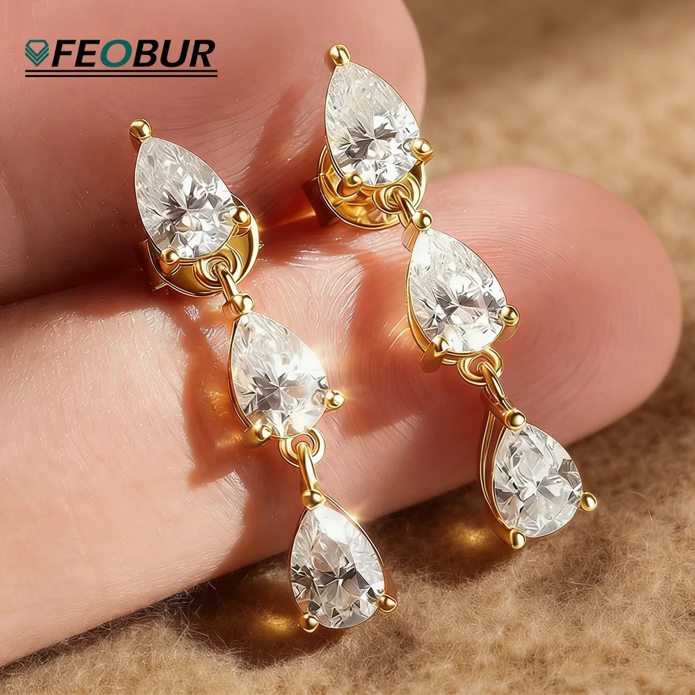 

3-stone Pear Cut Moissanite Earring Wedding for Women 925 Sterling Silver WaterDrop Diamond Stud Dangle Earrings Party Jewelry