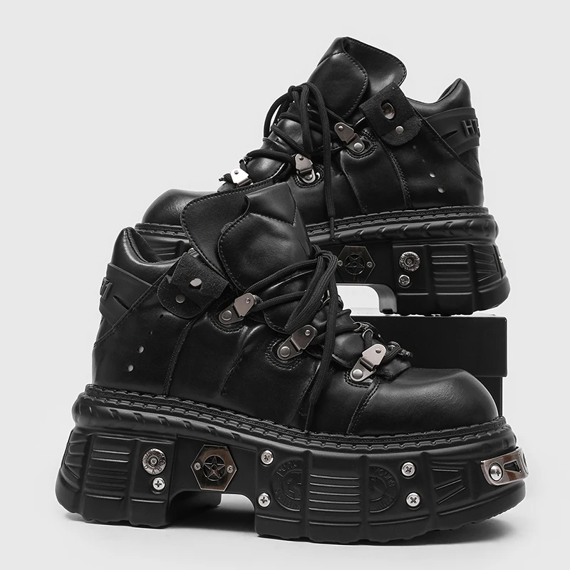 New Men Punk Style Lace up Shoes 6 Centimeter Heel Thick-soled Shoes Men Fashionable Ankle Boots Metal-decorated Men Sports Shoe