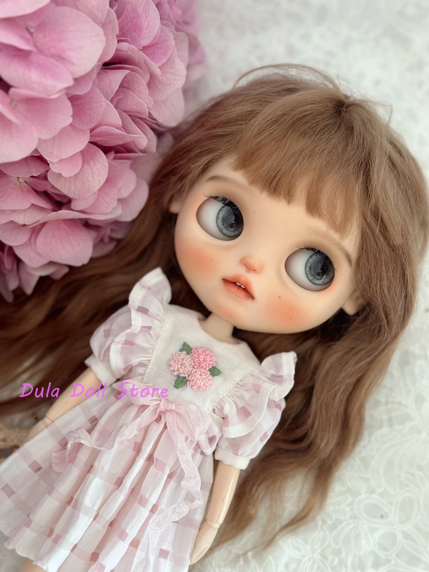 Ubranka dla lalek Dula Sukienka Różowo-niebieski haft Blythe Landoudou Landazz ob24 ob22 Azone Licca ICY JerryB 1/6 Bjd Doll