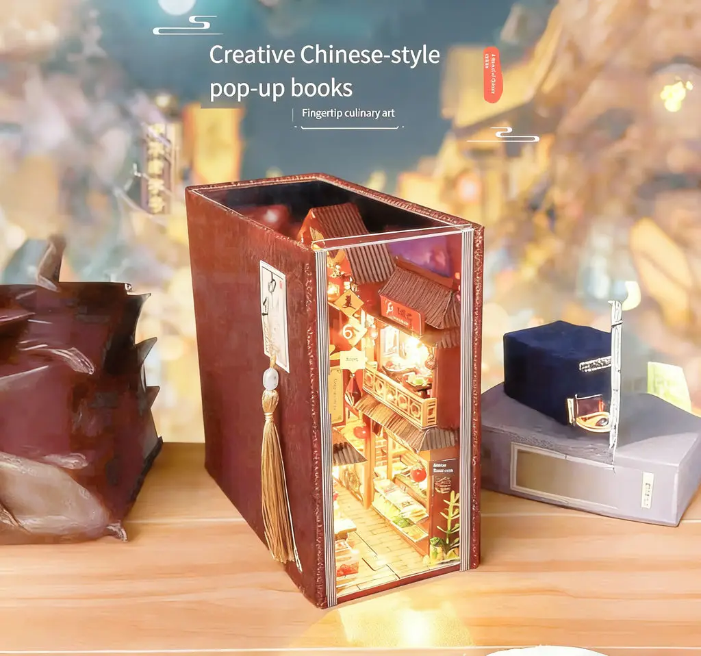 

3D Wooden DIY Chinese Food Street Book Nook, LED Lighted Miniature Diorama Kit, Educational Creative Gift for Teens