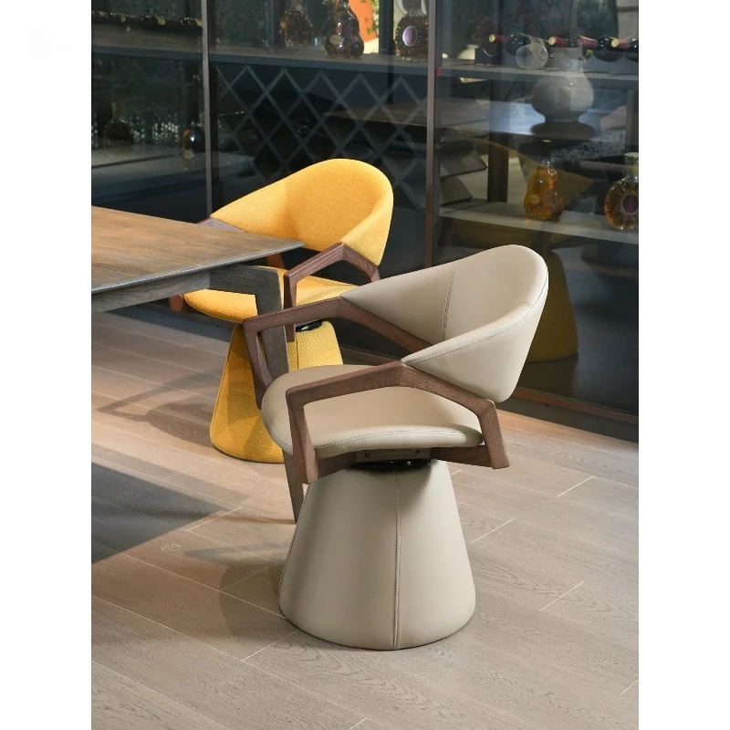 

Italian minimalist rotating dining chair home backrest living room single chair light luxury high-end solid wood armrest