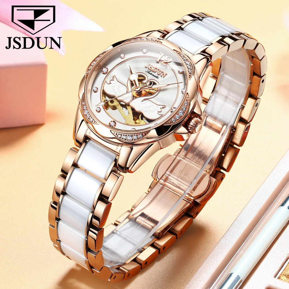 JSDUN Mechanical Watch for Women Stainless Steel Ceramics Strap Elegant Ladies Wrist Watch Sapphire Crystal Luxury Woman Watch