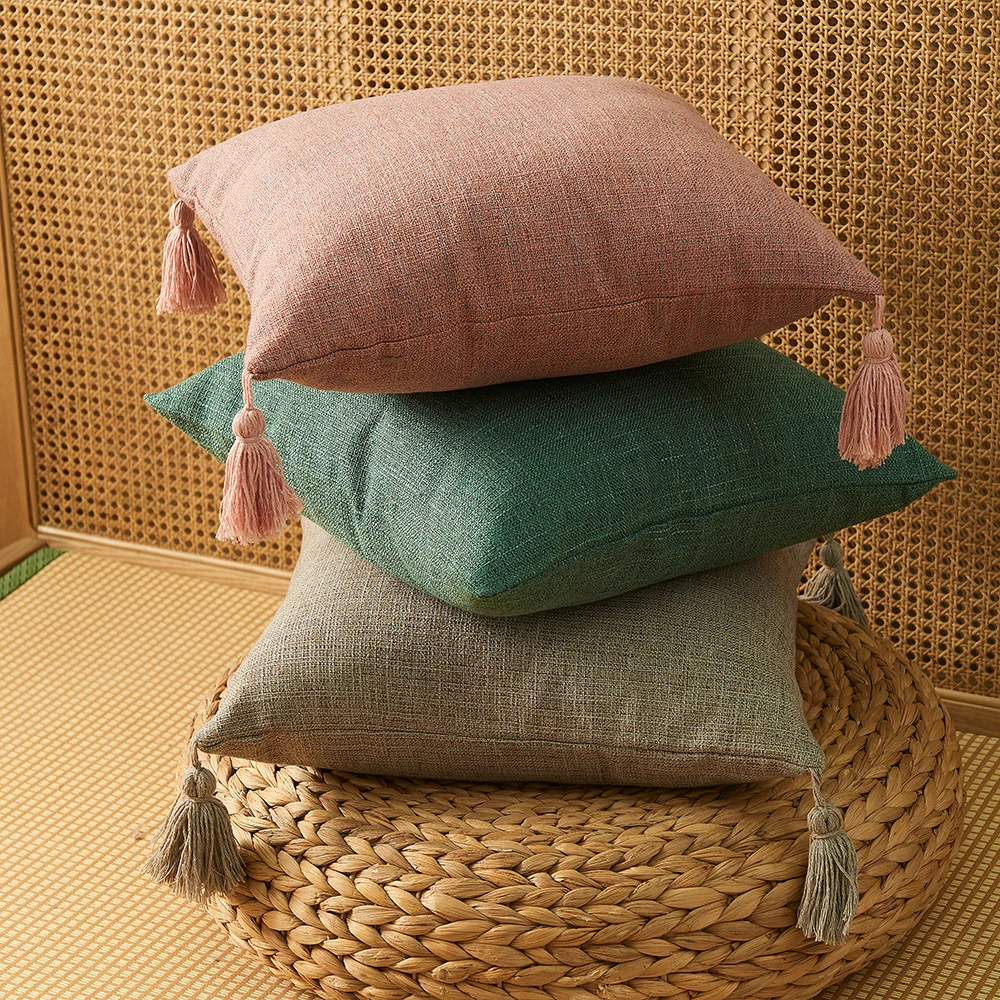 MACT Solid Faux Linen Cushion Cover With Tassels Square Pillowcase Japanese Style Cushion Case Decorative Home Living Room Sofa