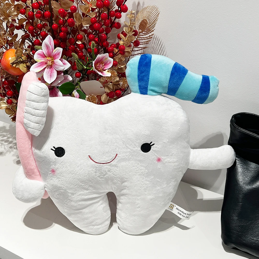 Cute Teeth shape Dental Fairy Pillow Cartoon Soft Model with Toothbrush for Boys Girls Teaching Study Dentist Decor Clinic Gift