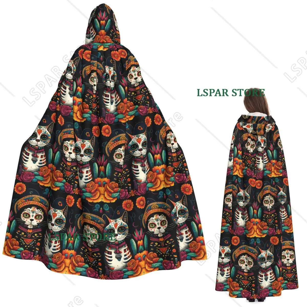 

Day Of The Dead Kitten Cat Sugar Skull Dia De Los Muertos Long Hooded Cloak Witch Medieval Costume Cosplay Cape HalloweenCoat