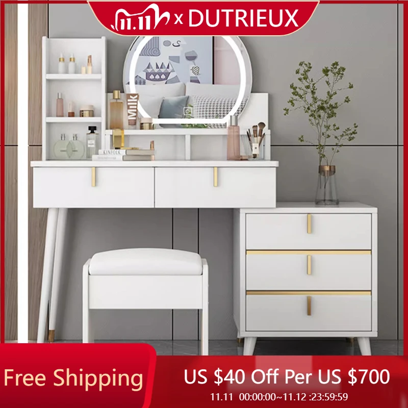 

Women Modern Vanity Table White Light Bedroom Makeup Dressing Table Mirror Desk Chair Closets Mesa De Maquillaje Home Furniture
